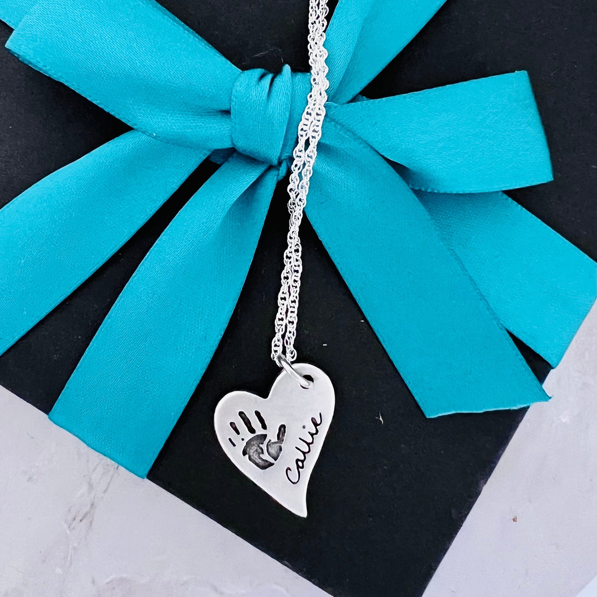 Handprint / Footprint Offset Heart Necklace (regular) - Silver Magpie Fingerprint Jewellery