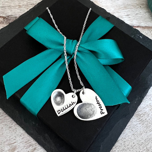 Double Fingerprint Necklace (Heart) - Silver Magpie Fingerprint Jewellery