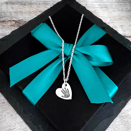 Mini Heart Handprint Pendant - Silver Magpie Fingerprint Jewellery
