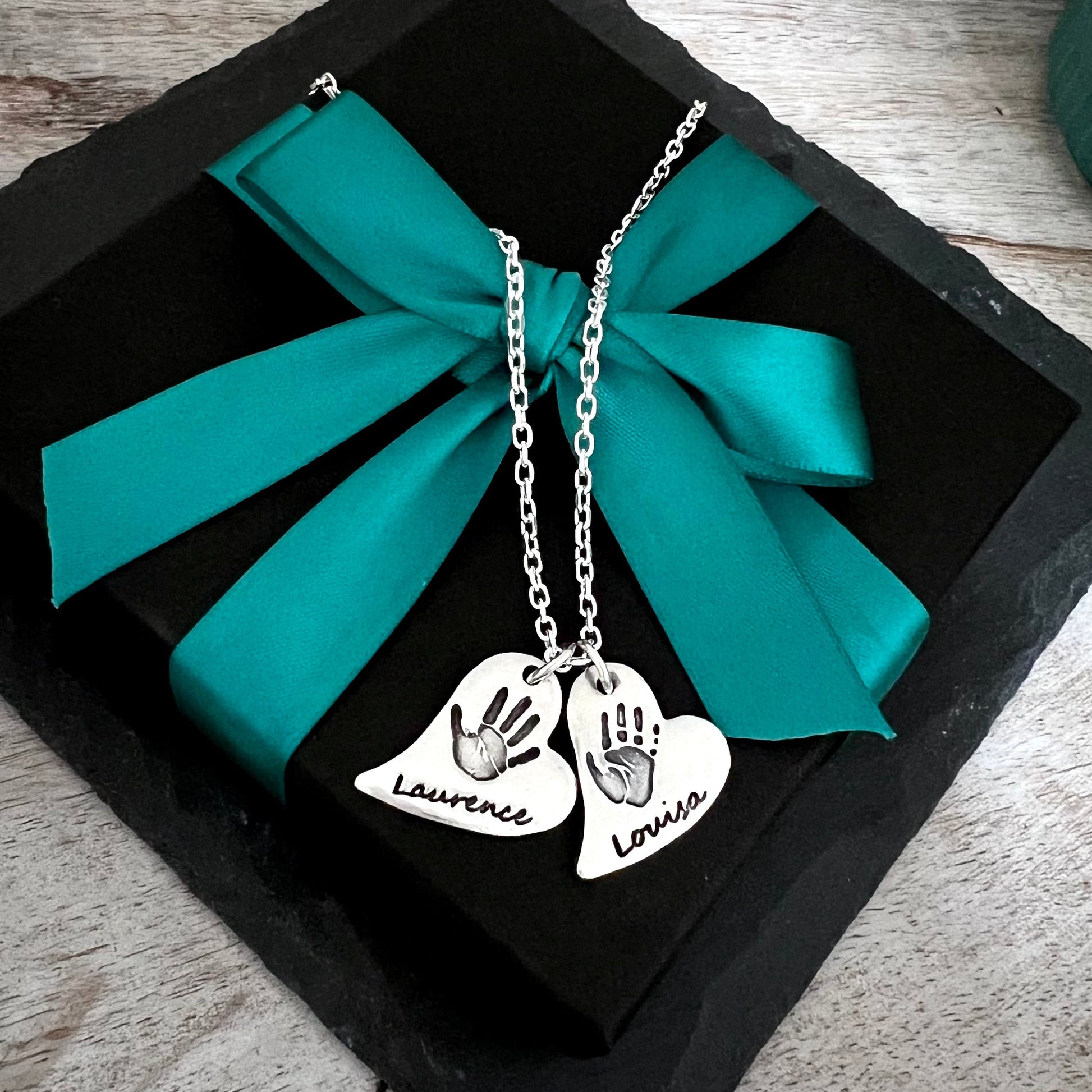 Double Hand & Foot Print Necklace (Off-Set Heart) - Silver Magpie Fingerprint Jewellery