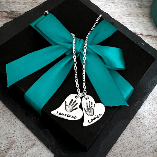 Double Hand & Foot Print Necklace (Off-Set Heart) - Silver Magpie Fingerprint Jewellery