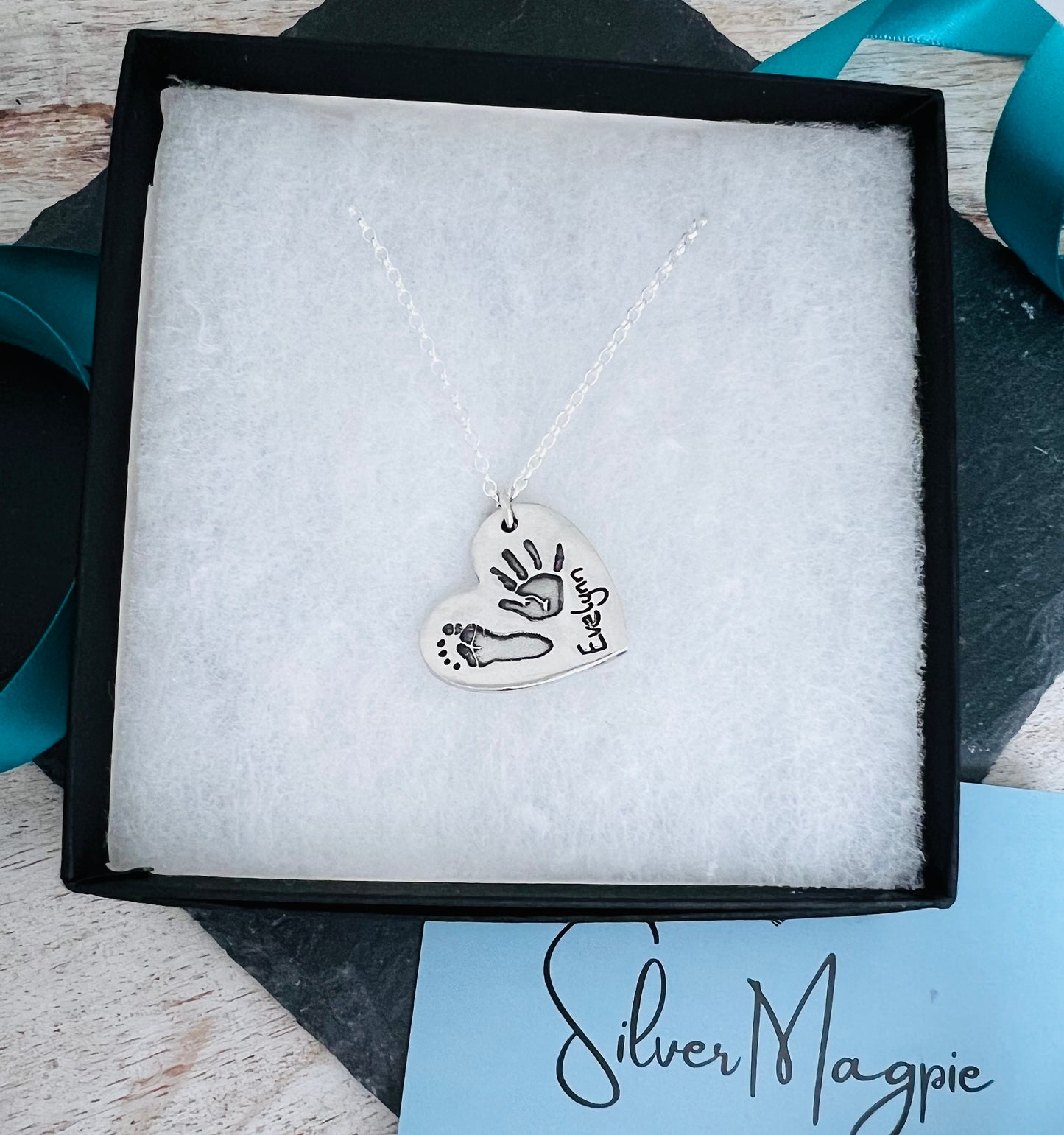 Hand & Foot Print Necklace (Heart) - Silver Magpie Fingerprint Jewellery