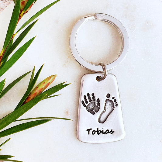 Handprint & Footprint Trapezium Keyring - Silver Magpie Fingerprint Jewellery