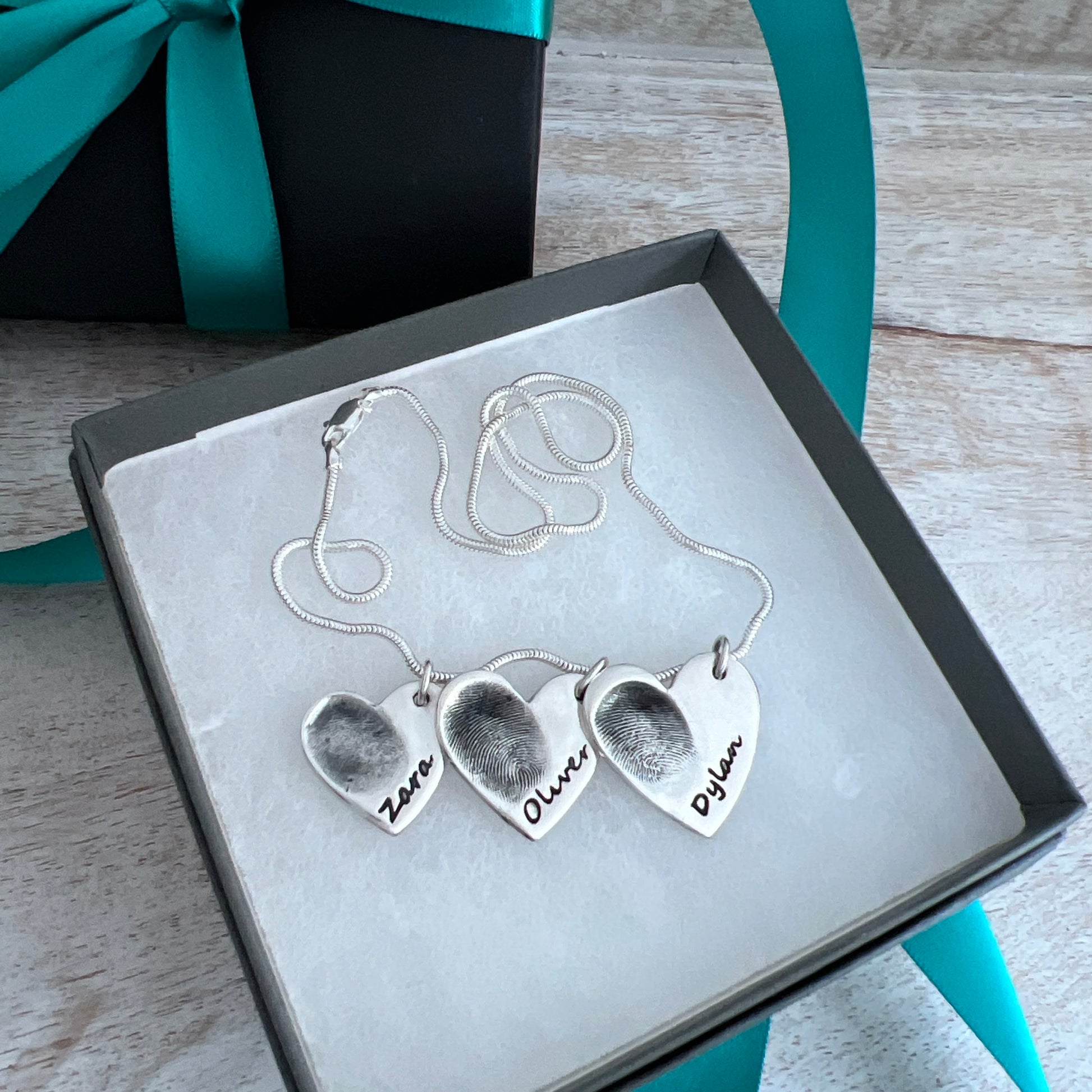 Triple Fingerprint Necklace (Heart) - Silver Magpie Fingerprint Jewellery