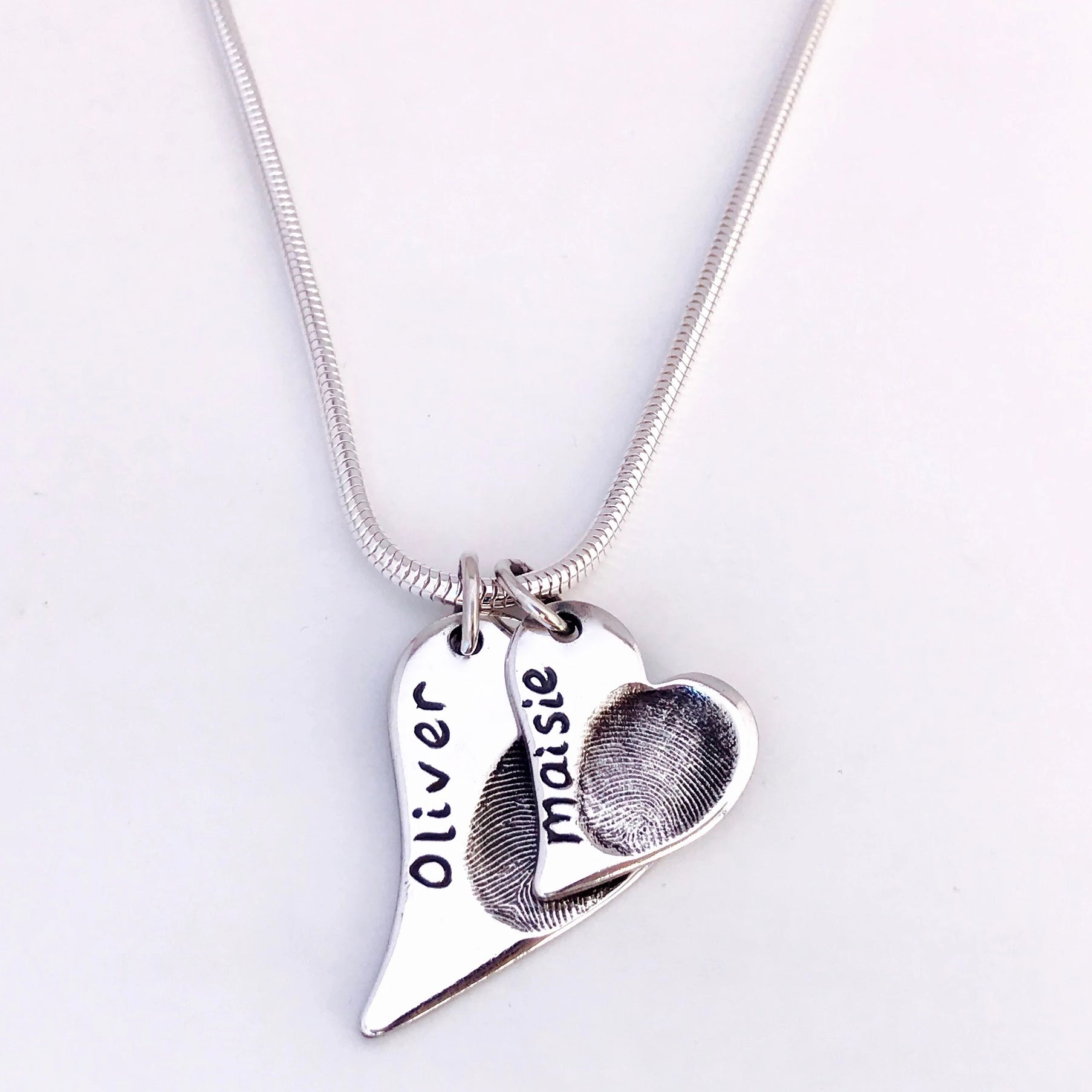 Double Fingerprint Necklace (Off-Set Heart) - Silver Magpie Fingerprint Jewellery