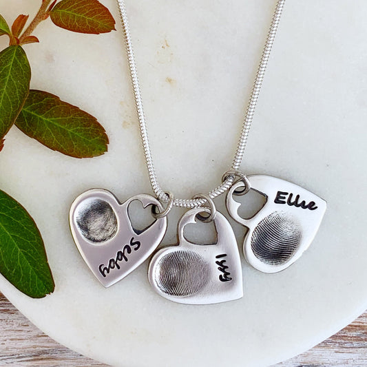 Triple Fingerprint Necklace (Tiny Heart) - Silver Magpie Fingerprint Jewellery