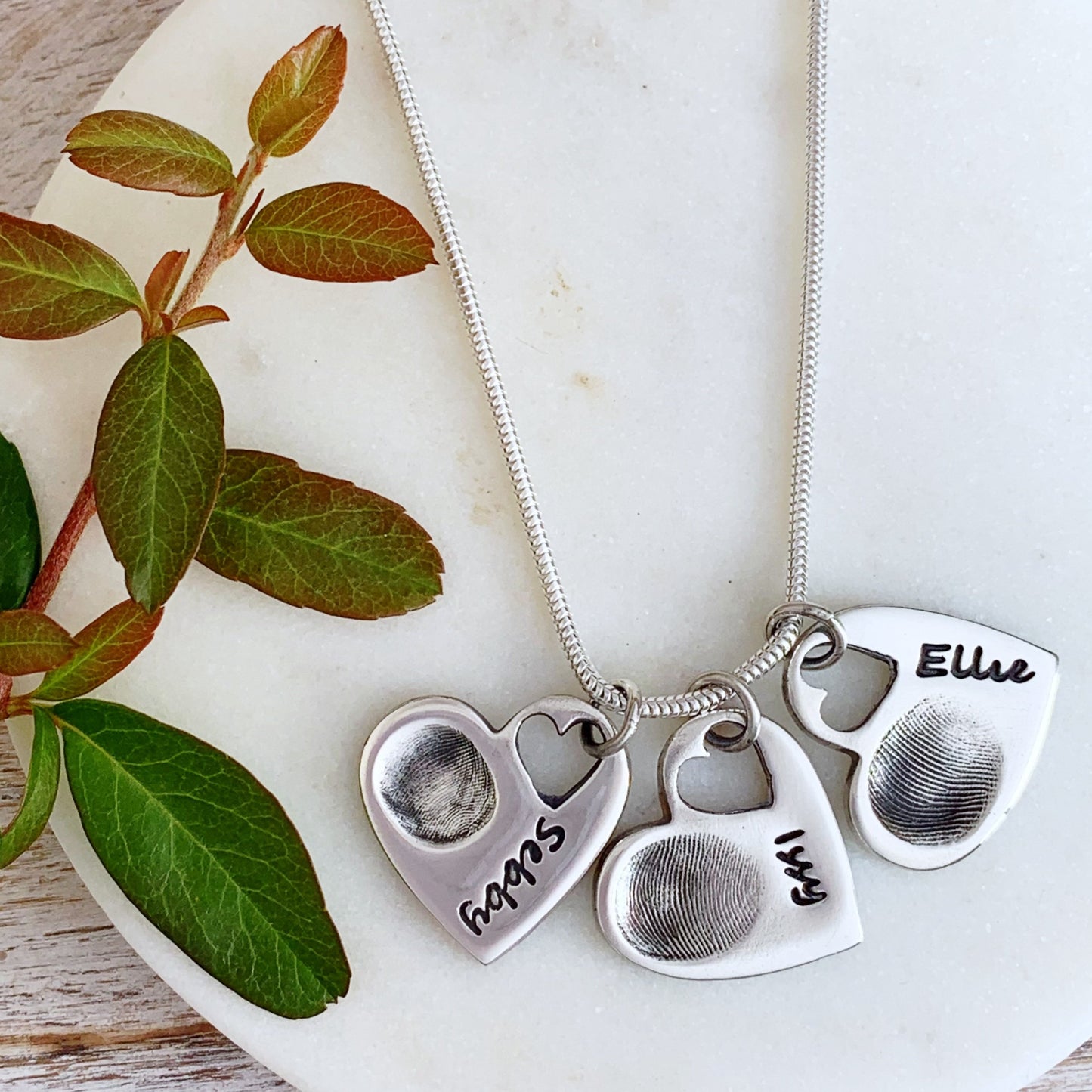 Triple Fingerprint Necklace (Tiny Heart) - Silver Magpie Fingerprint Jewellery