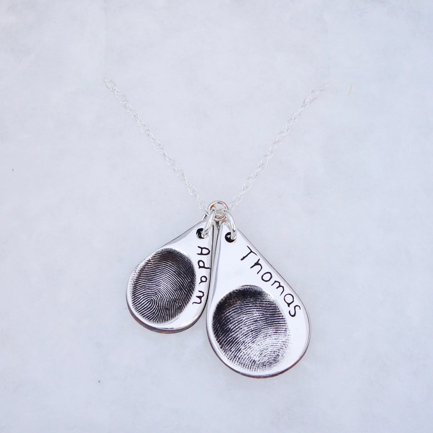 Double Fingerprint Necklace (Teardrop) - Silver Magpie Fingerprint Jewellery