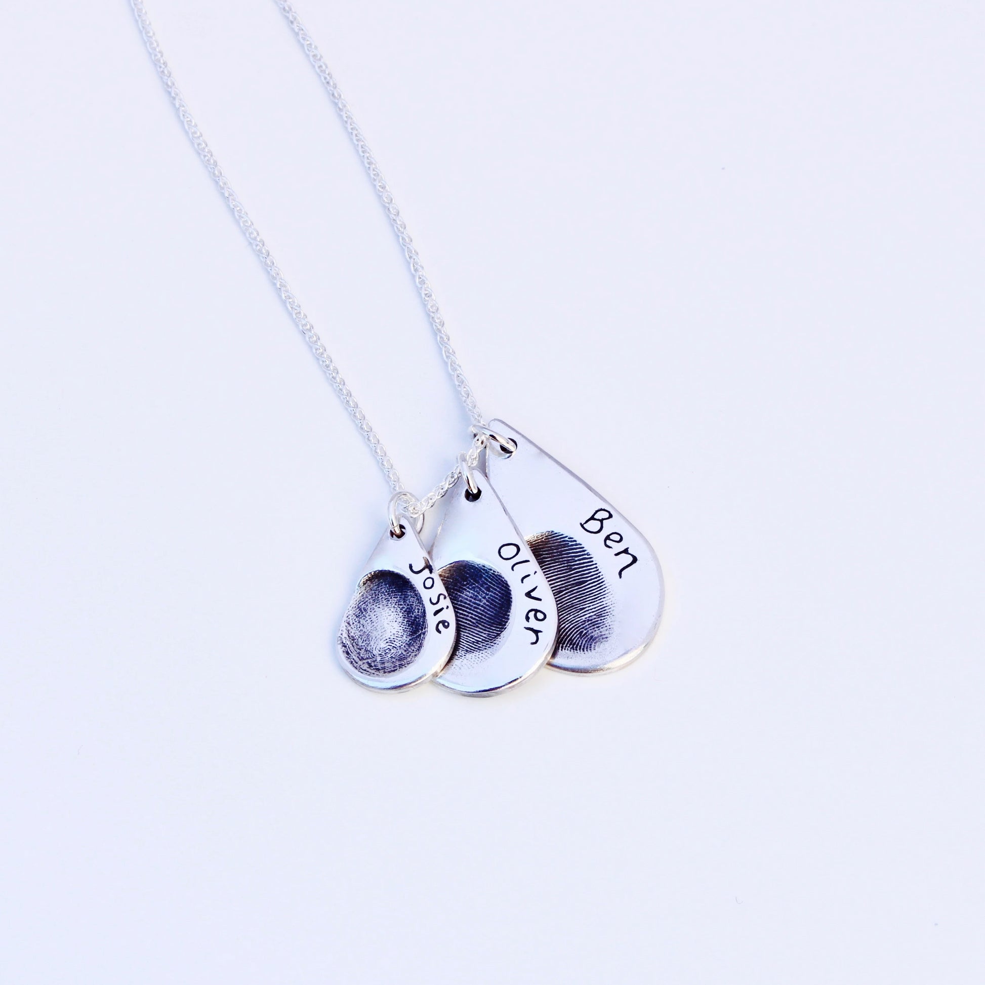 Triple Fingerprint Necklace (Teardrop) - Silver Magpie Fingerprint Jewellery