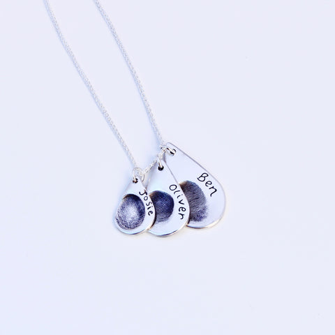 Triple Fingerprint Necklace (Teardrop) - Silver Magpie Fingerprint Jewellery