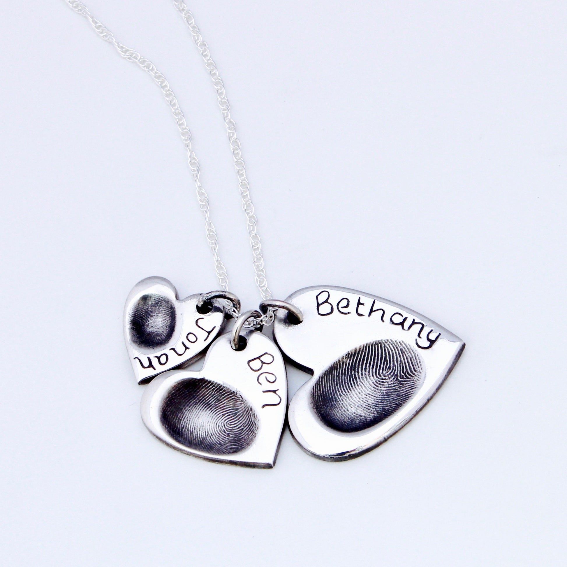 Triple Fingerprint Necklace (Heart) - Silver Magpie Fingerprint Jewellery