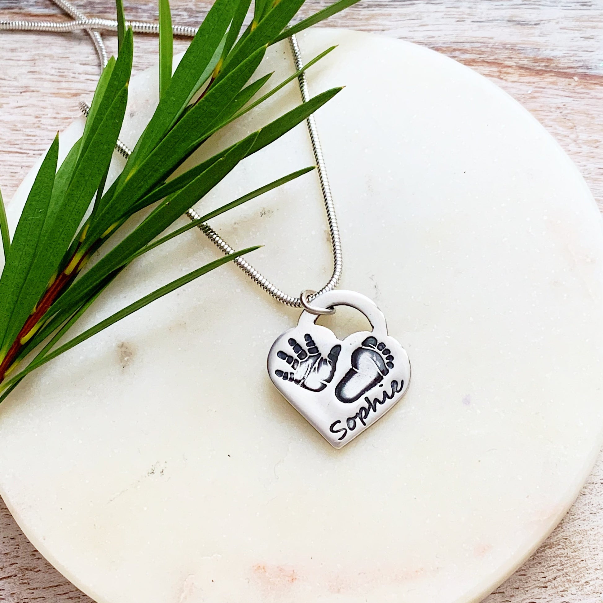 Handprint & Footprint Necklace (Lock Heart) - Silver Magpie Fingerprint Jewellery