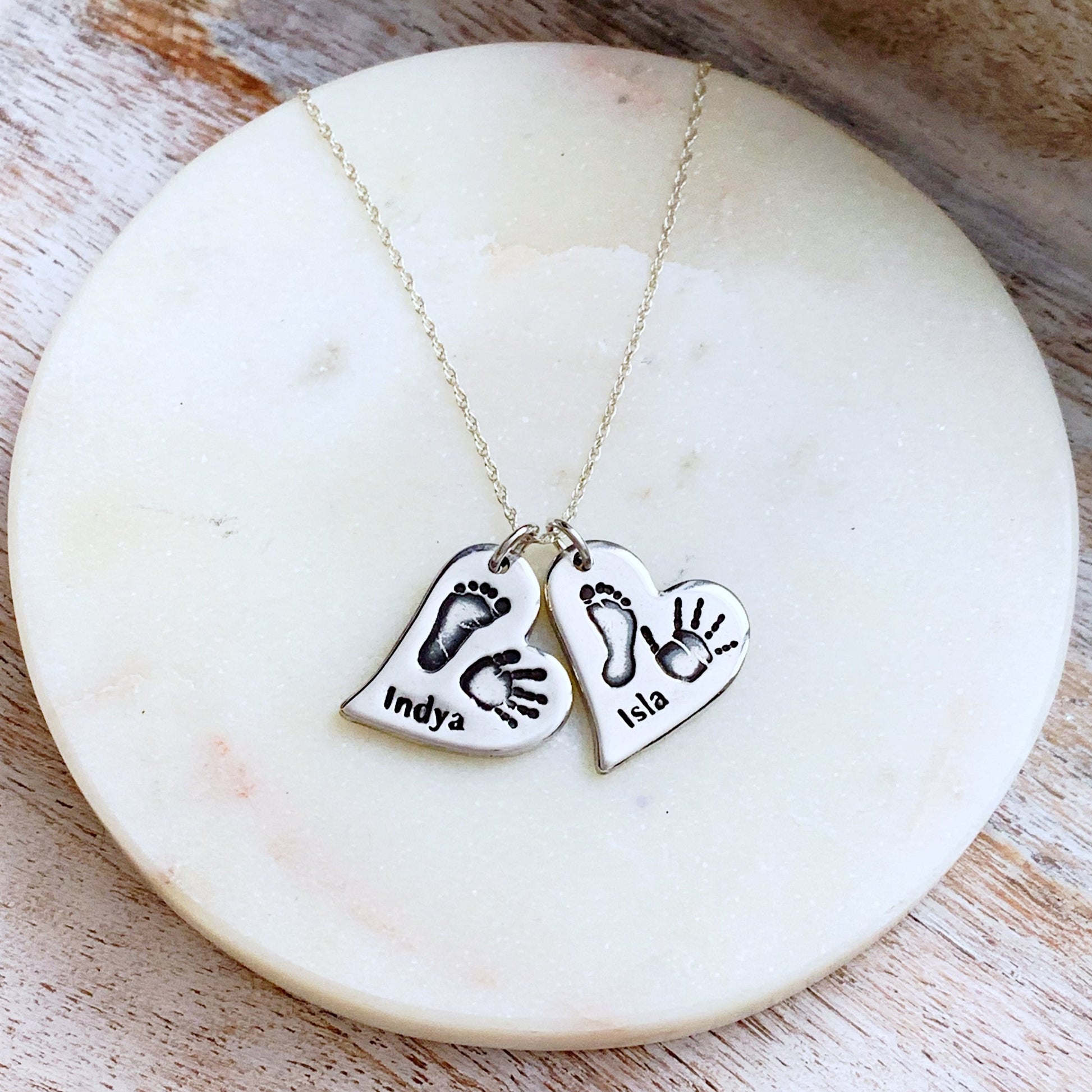 Double Hand & Foot Print Necklace (Off-Set Heart) - Silver Magpie Fingerprint Jewellery