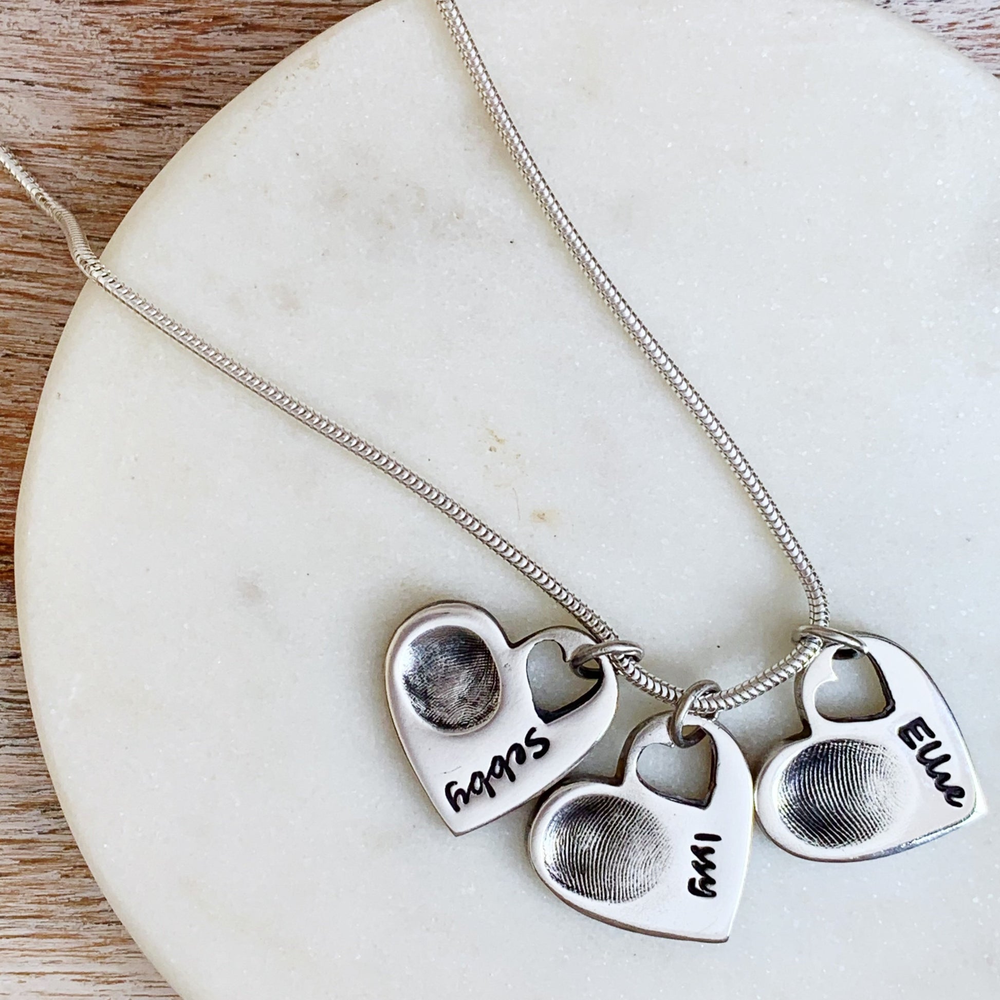 Triple Fingerprint Necklace (Tiny Heart) - Silver Magpie Fingerprint Jewellery