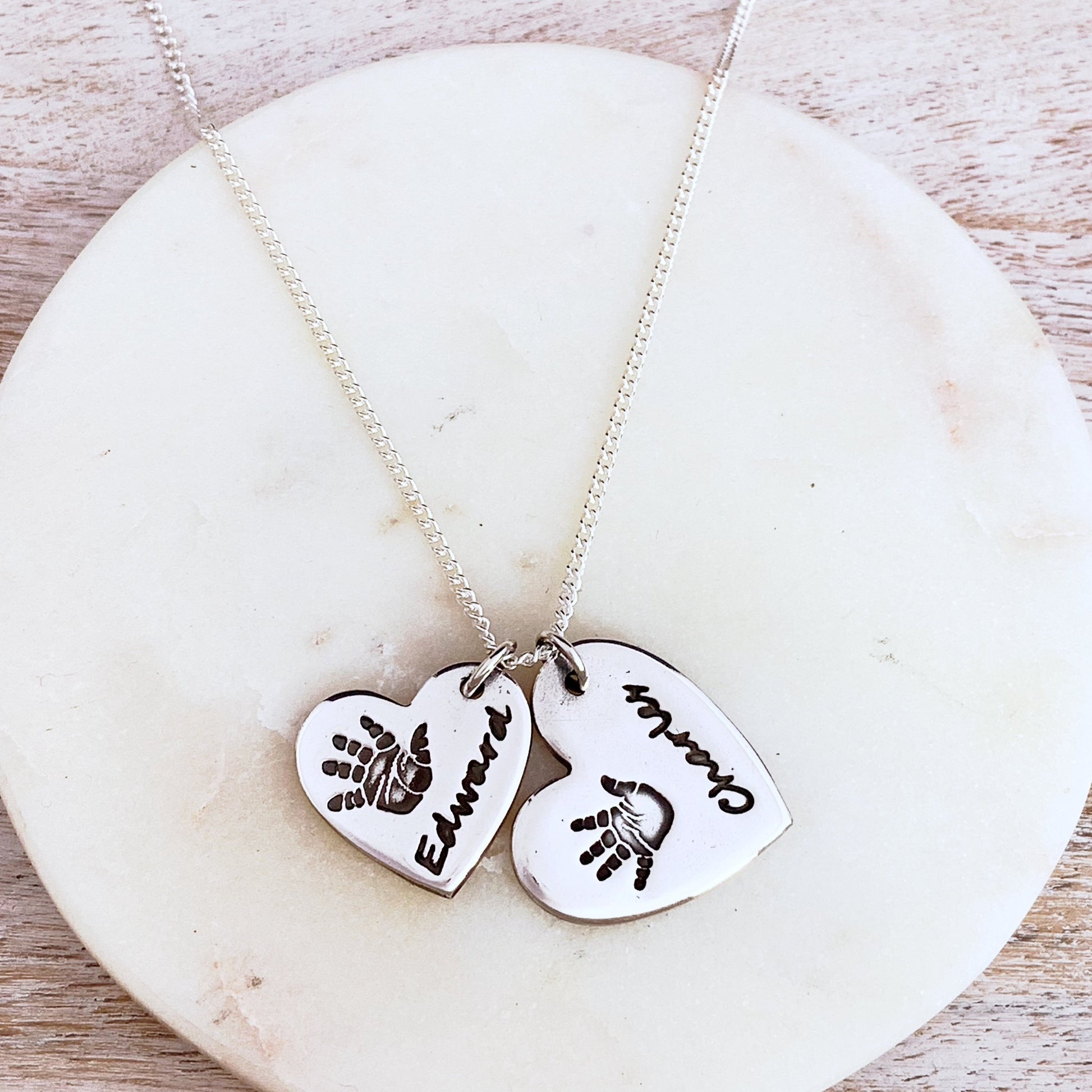 Double Hand & Foot Print Necklace (Heart) - Silver Magpie Fingerprint Jewellery