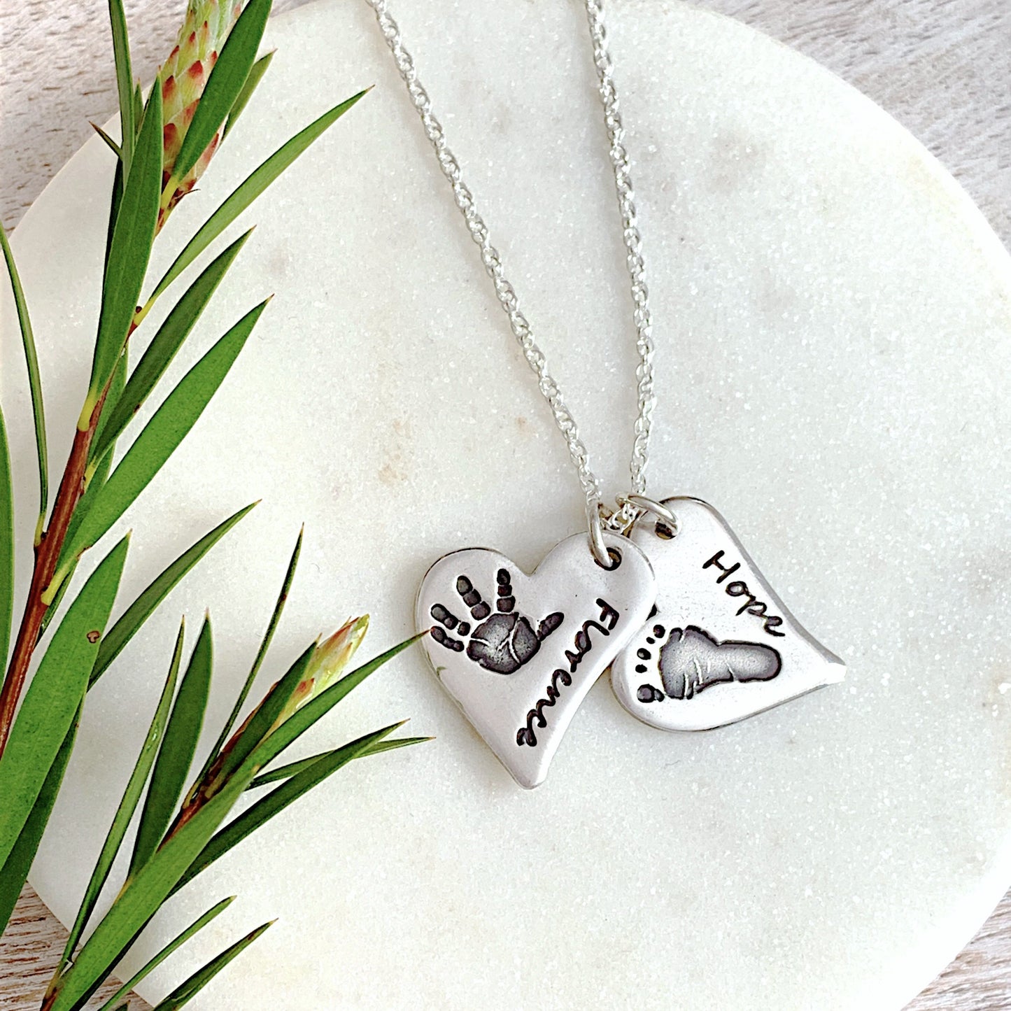 Double Hand & Foot Print Necklace (Off-Set Heart) - Silver Magpie Fingerprint Jewellery