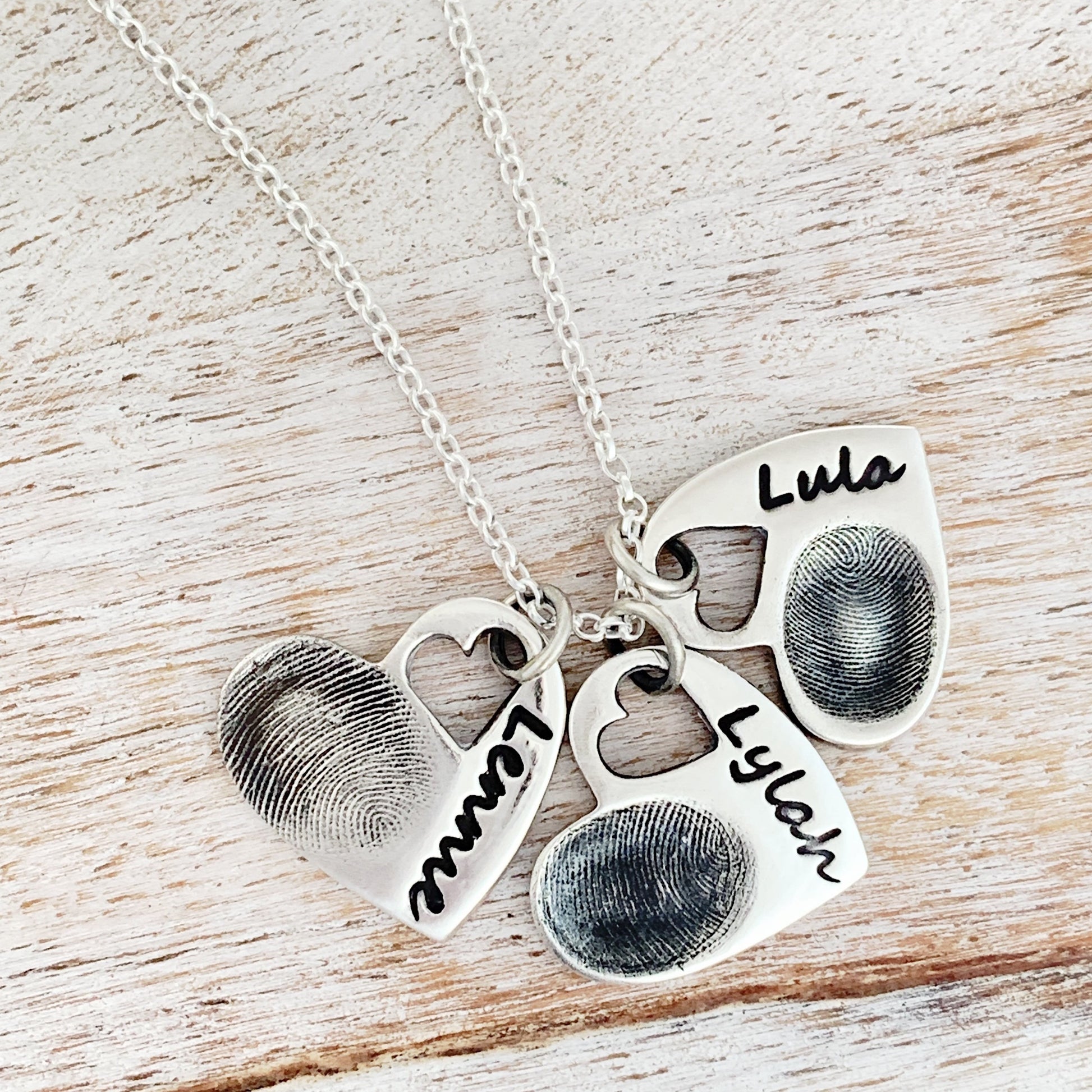 Triple Fingerprint Necklace (Tiny Heart) - Silver Magpie Fingerprint Jewellery