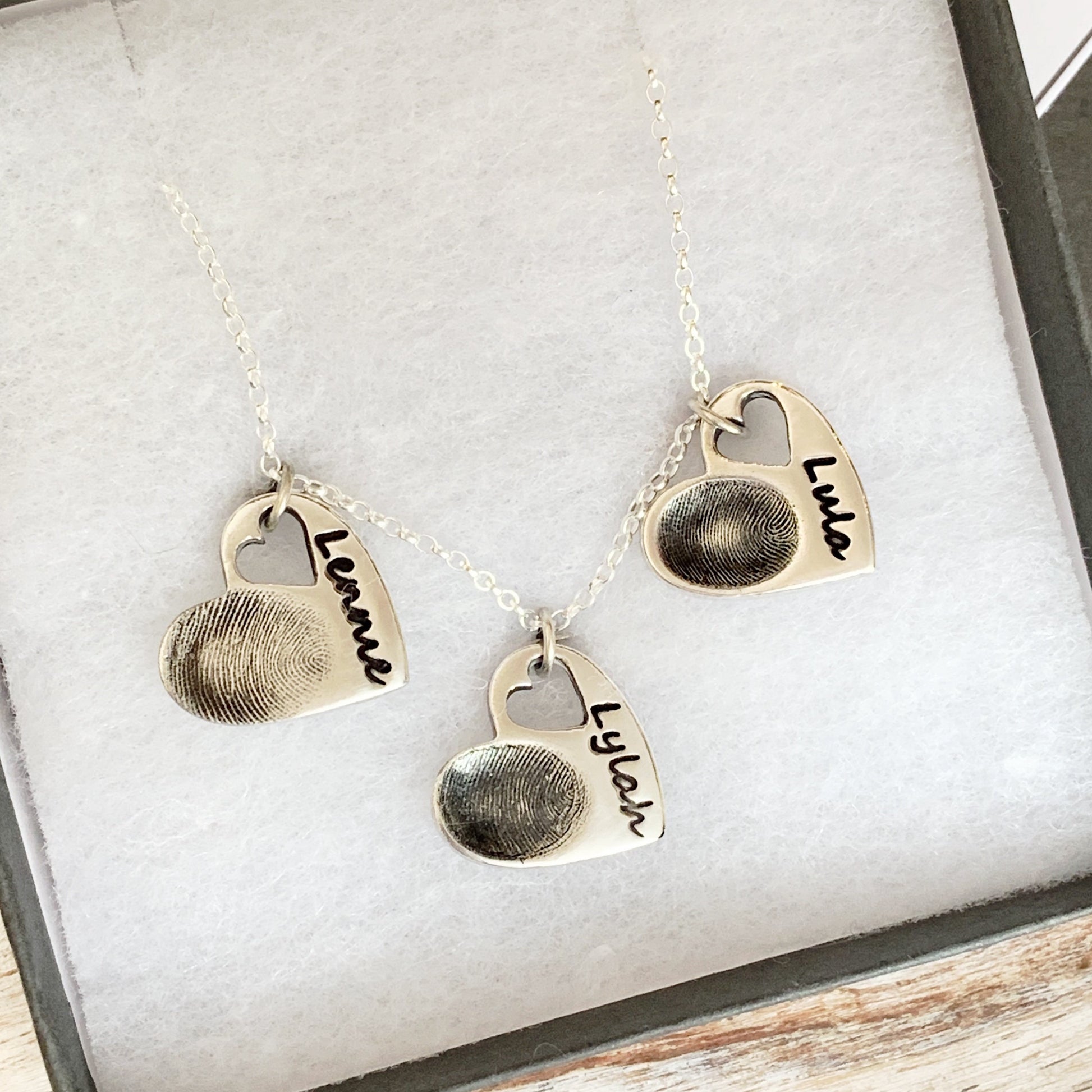 Triple Fingerprint Necklace (Tiny Heart) - Silver Magpie Fingerprint Jewellery