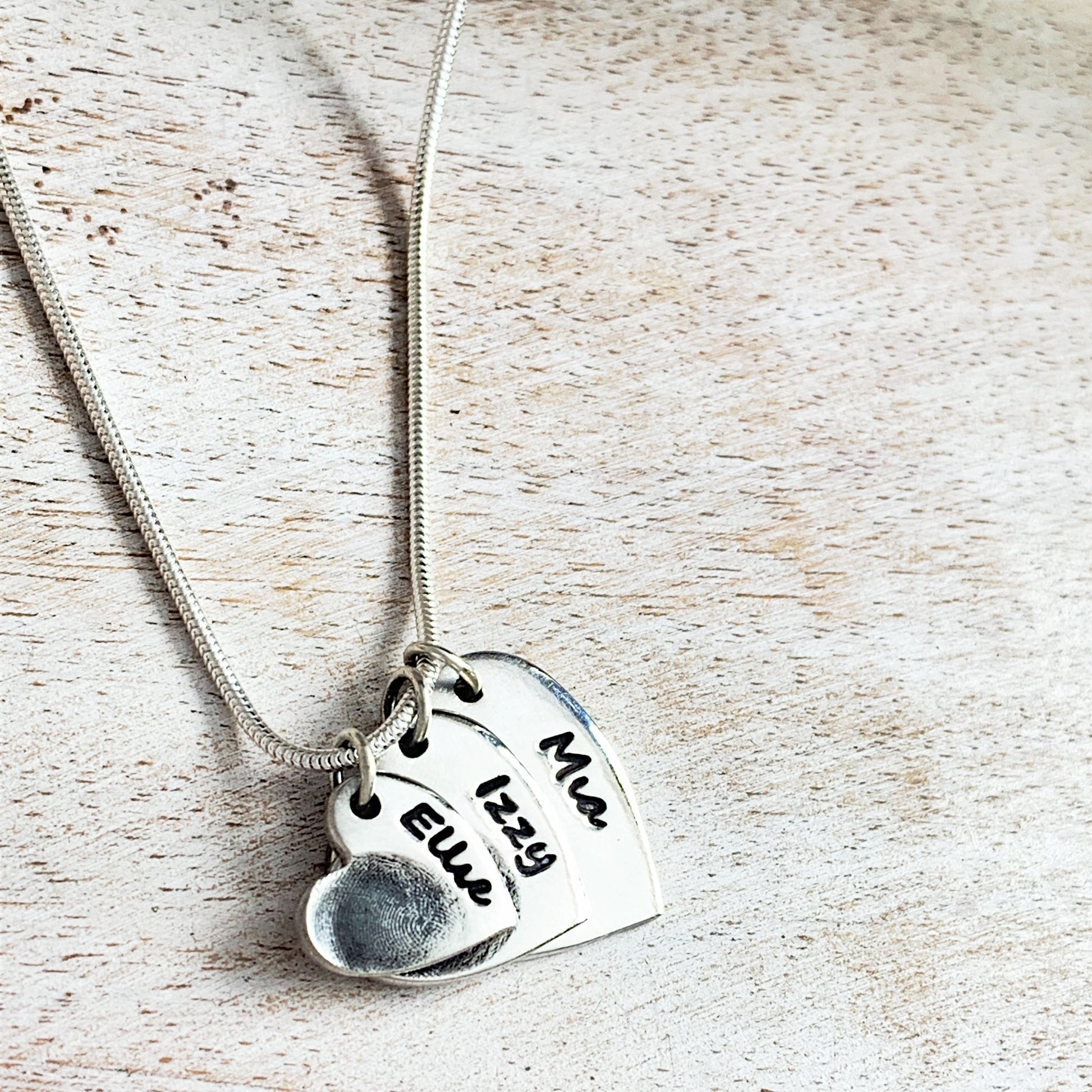 Triple Fingerprint Necklace (Heart) - Silver Magpie Fingerprint Jewellery