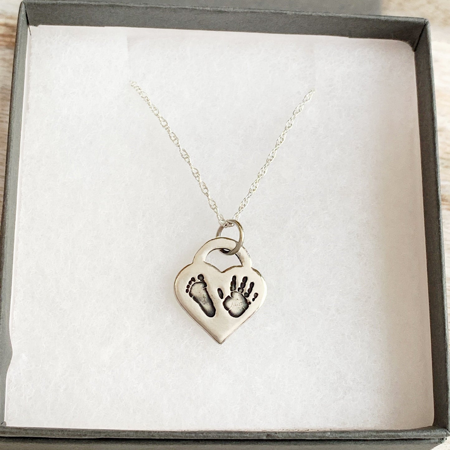 Handprint & Footprint Necklace (Lock Heart) - Silver Magpie Fingerprint Jewellery