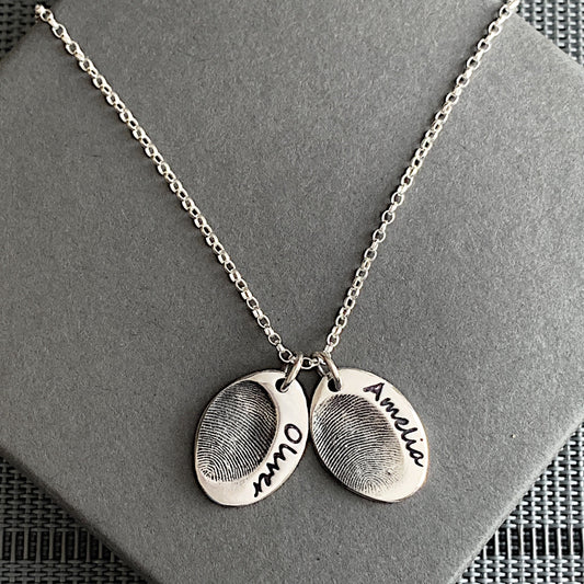 Double Fingerprint Necklace (Oval) - Silver Magpie Fingerprint Jewellery