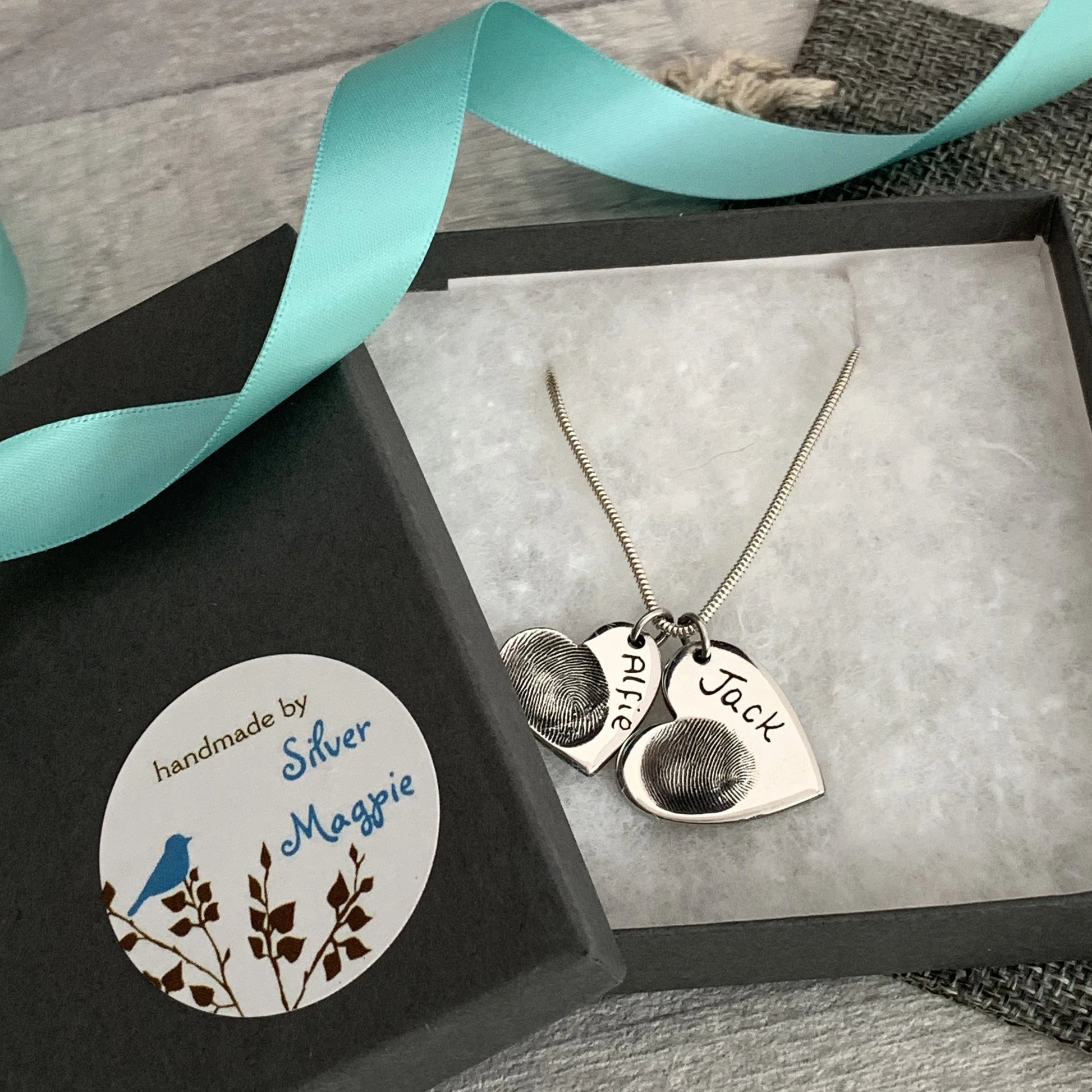 Double Fingerprint Necklace (Heart) - Silver Magpie Fingerprint Jewellery