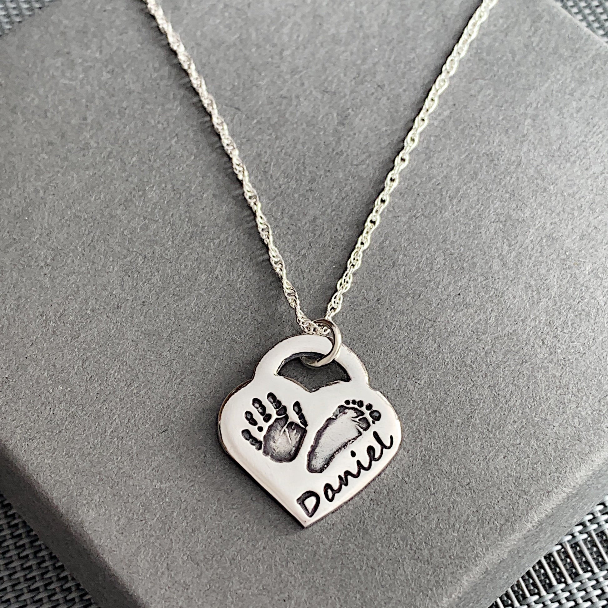 Handprint & Footprint Necklace (Lock Heart) - Silver Magpie Fingerprint Jewellery