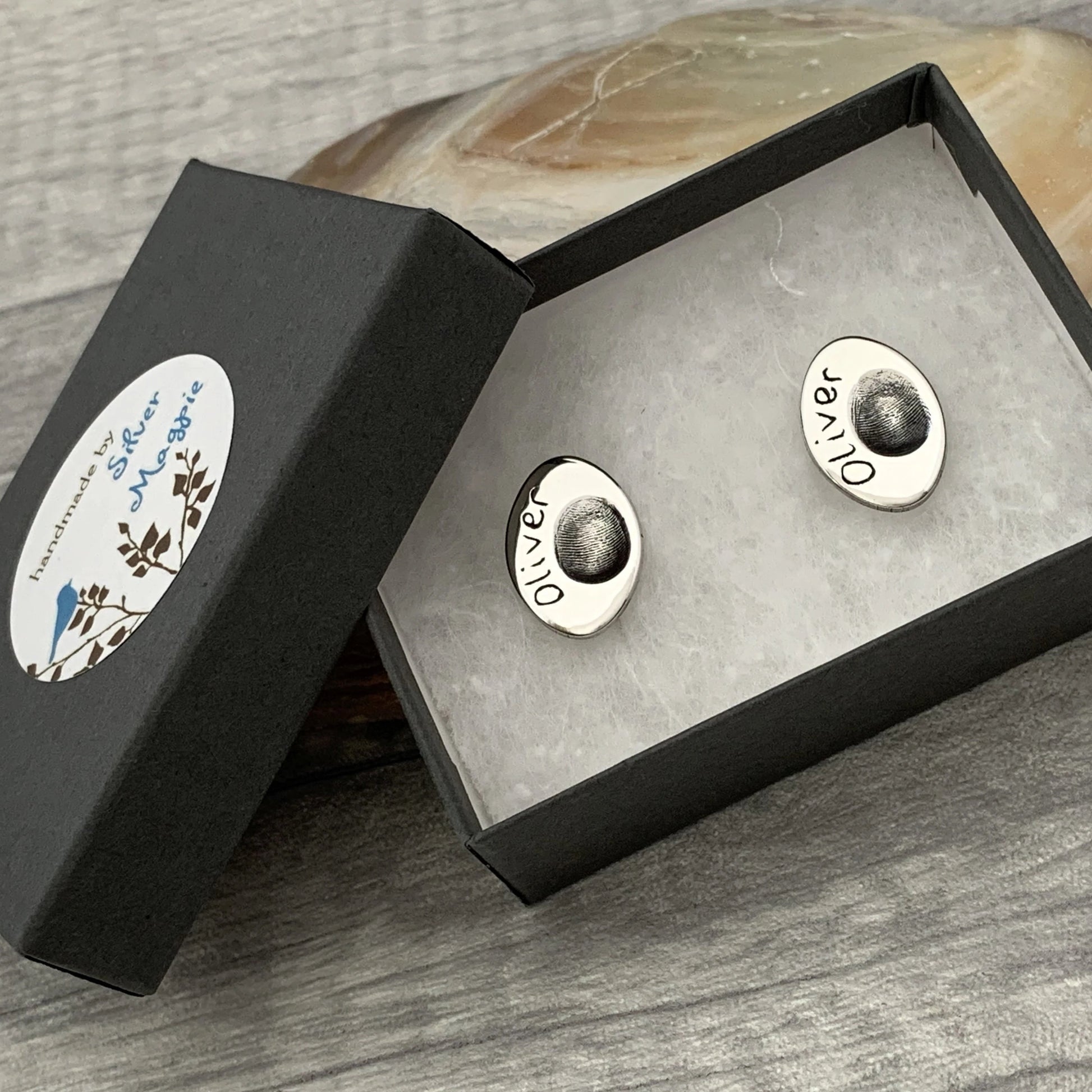 Fingerprint Cufflinks (Oval) - Silver Magpie Fingerprint Jewellery