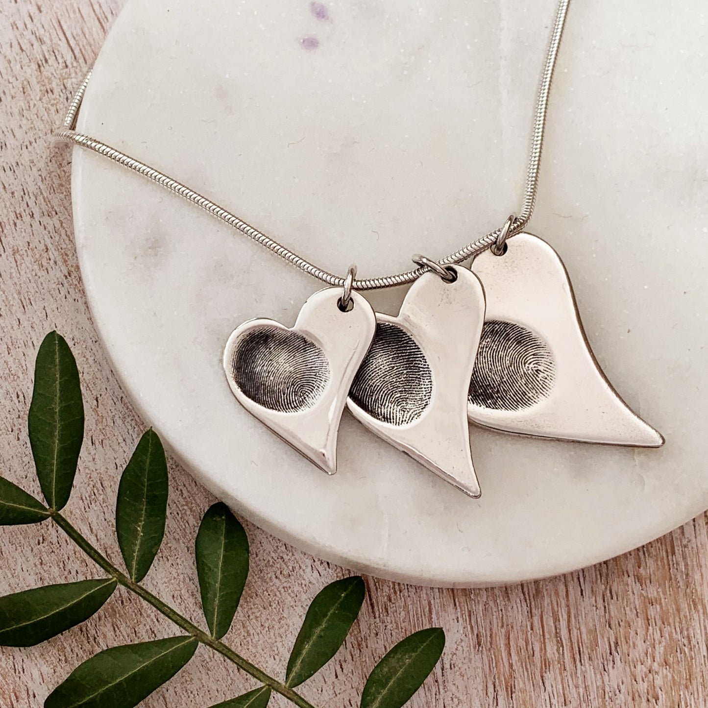 Triple Fingerprint Necklace (Offset Heart) - Silver Magpie Fingerprint Jewellery